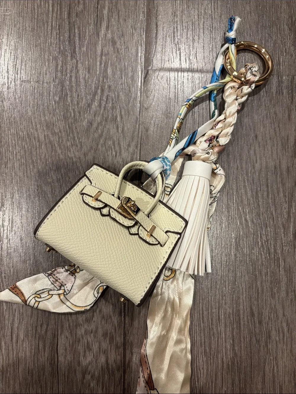 Mini Top Handle Handbag Charm Keychain with Scarf & Tassel – Cream